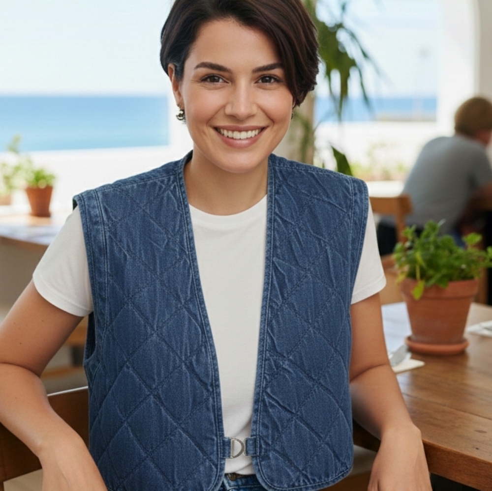 NWT Zara ($66)💙CROPPED SWEET Quilted Blue Denim Vest SIZE XS